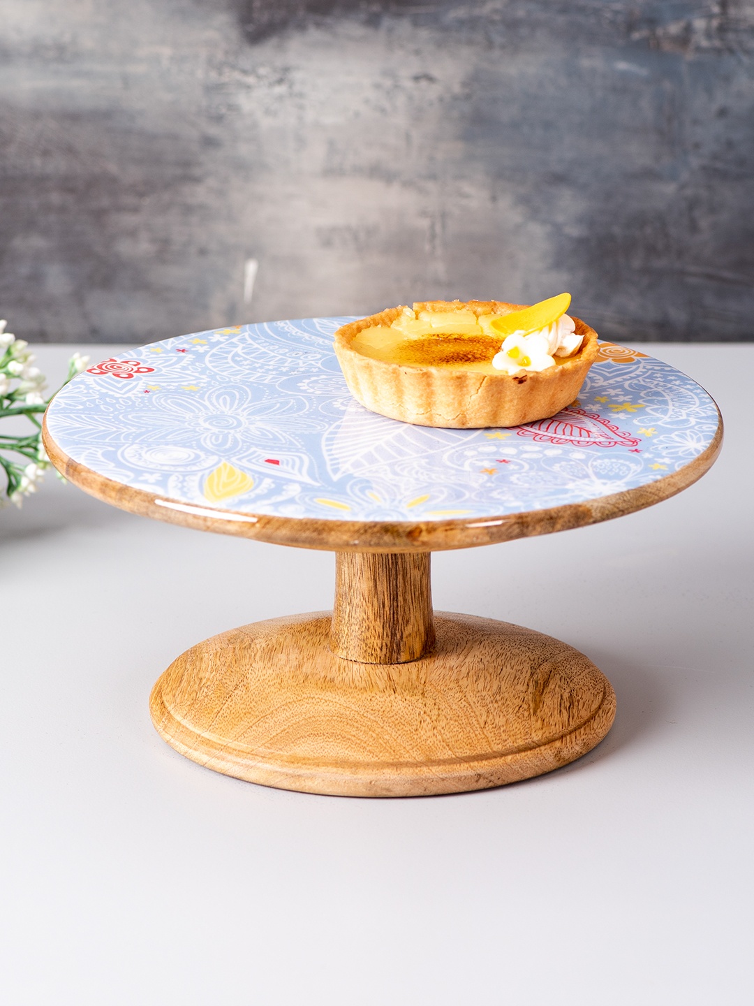 

nestroots Brown & Blue Mango Wooden Enamel Printed Cake Stand