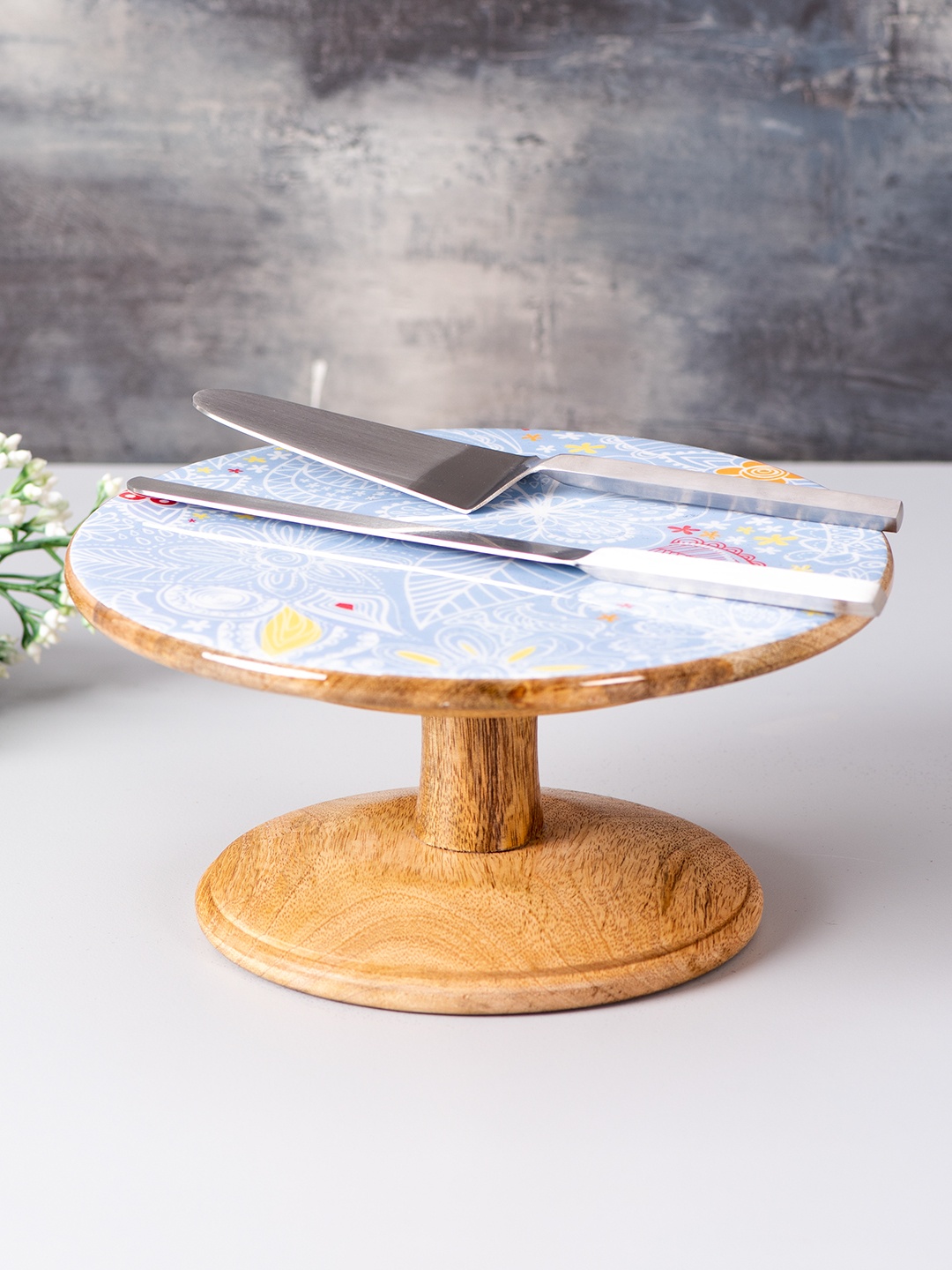 

nestroots Brown Wooden Printed Cake Stand & Server Set