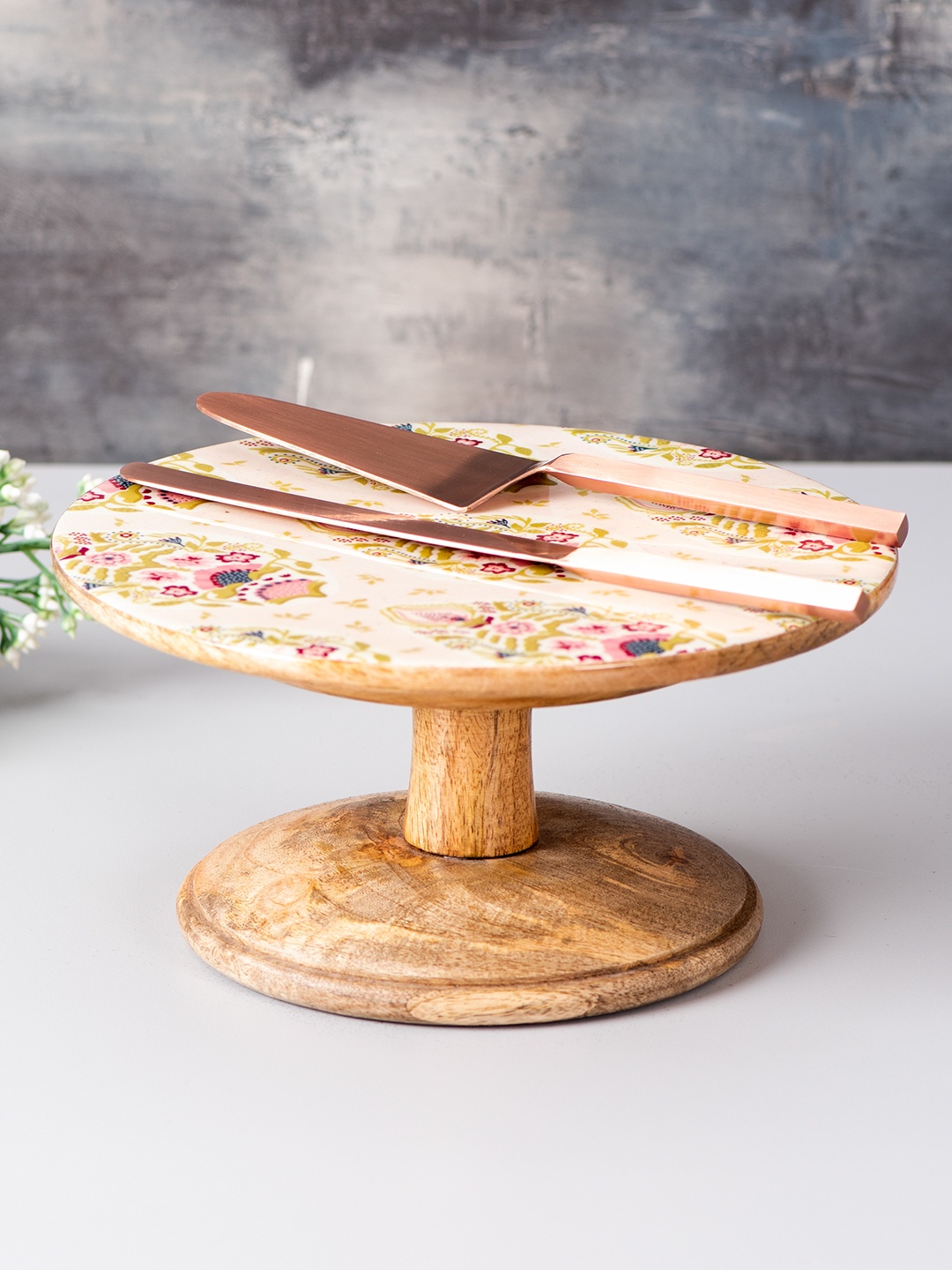 

nestroots Brown & Beige Mango Wooden Enamle Printed Cake Stand and Server Set