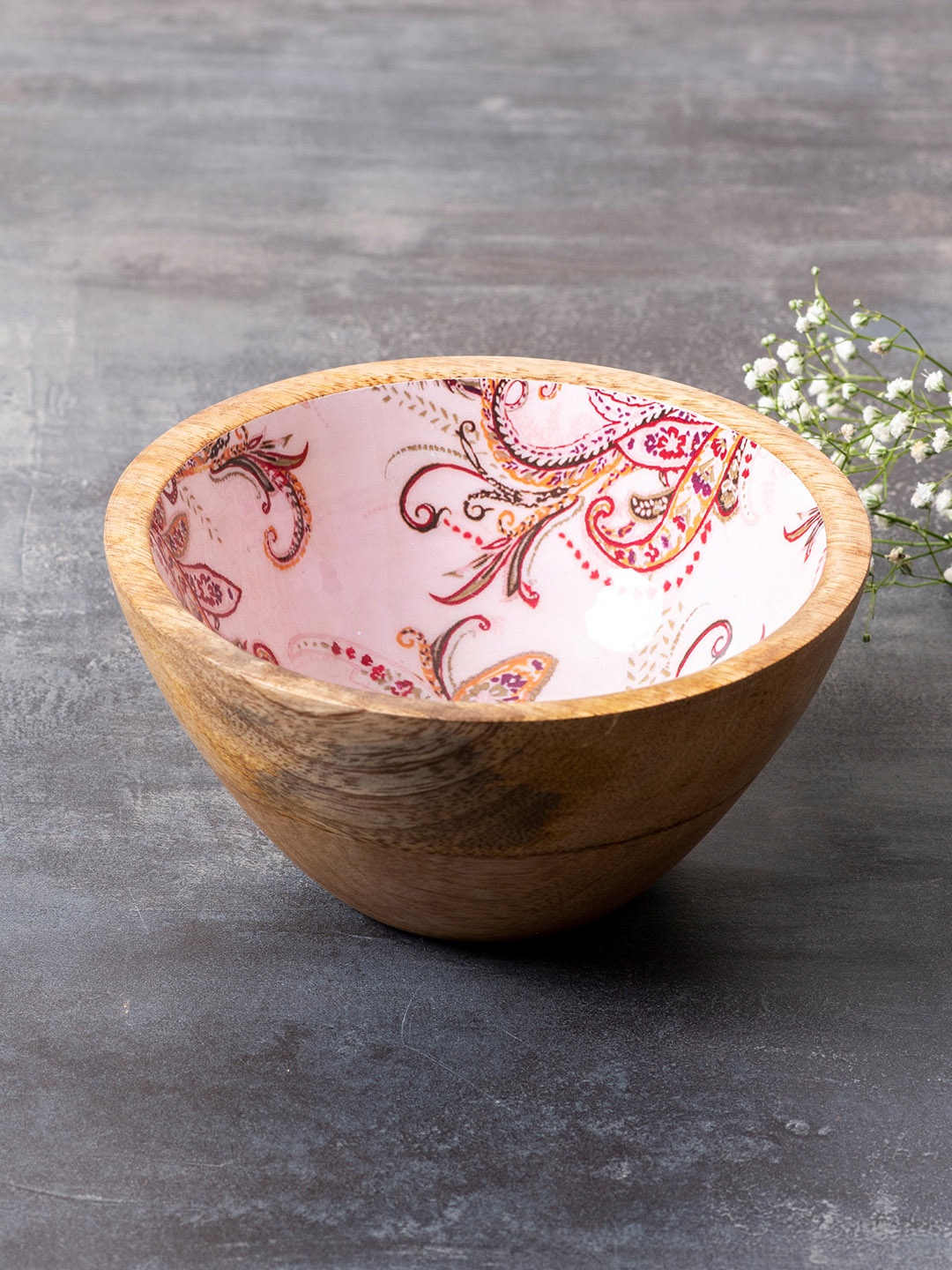 

nestroots Brown & Pink Printed Enamelled Wooden Decorative Bowl