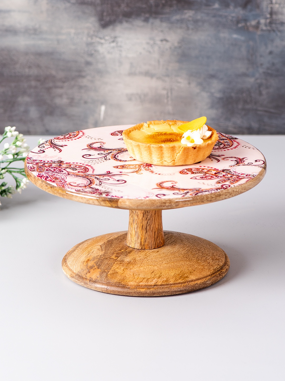 

nestroots Mango White & Pink Wooden Enamelled Printed Cake Stand