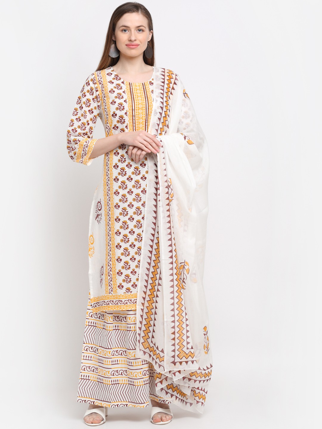 

KALINI Women White Floral Printed Pure Cotton Kurta with Palazzos & With Dupatta