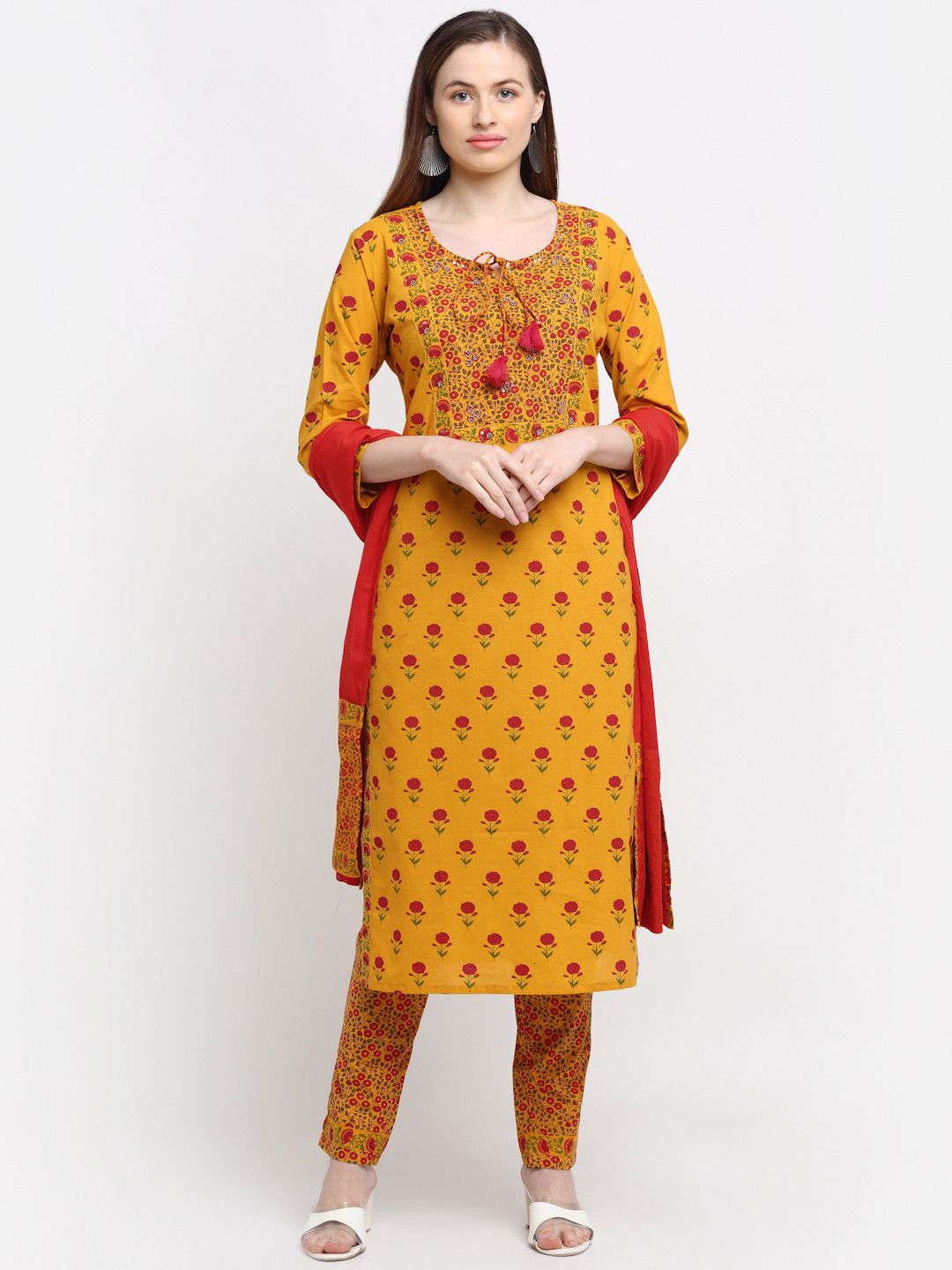 

KALINI Women Yellow Ethnic Motifs Embroidered Aari Work Pure Cotton Kurta with Trousers & With Dupatta