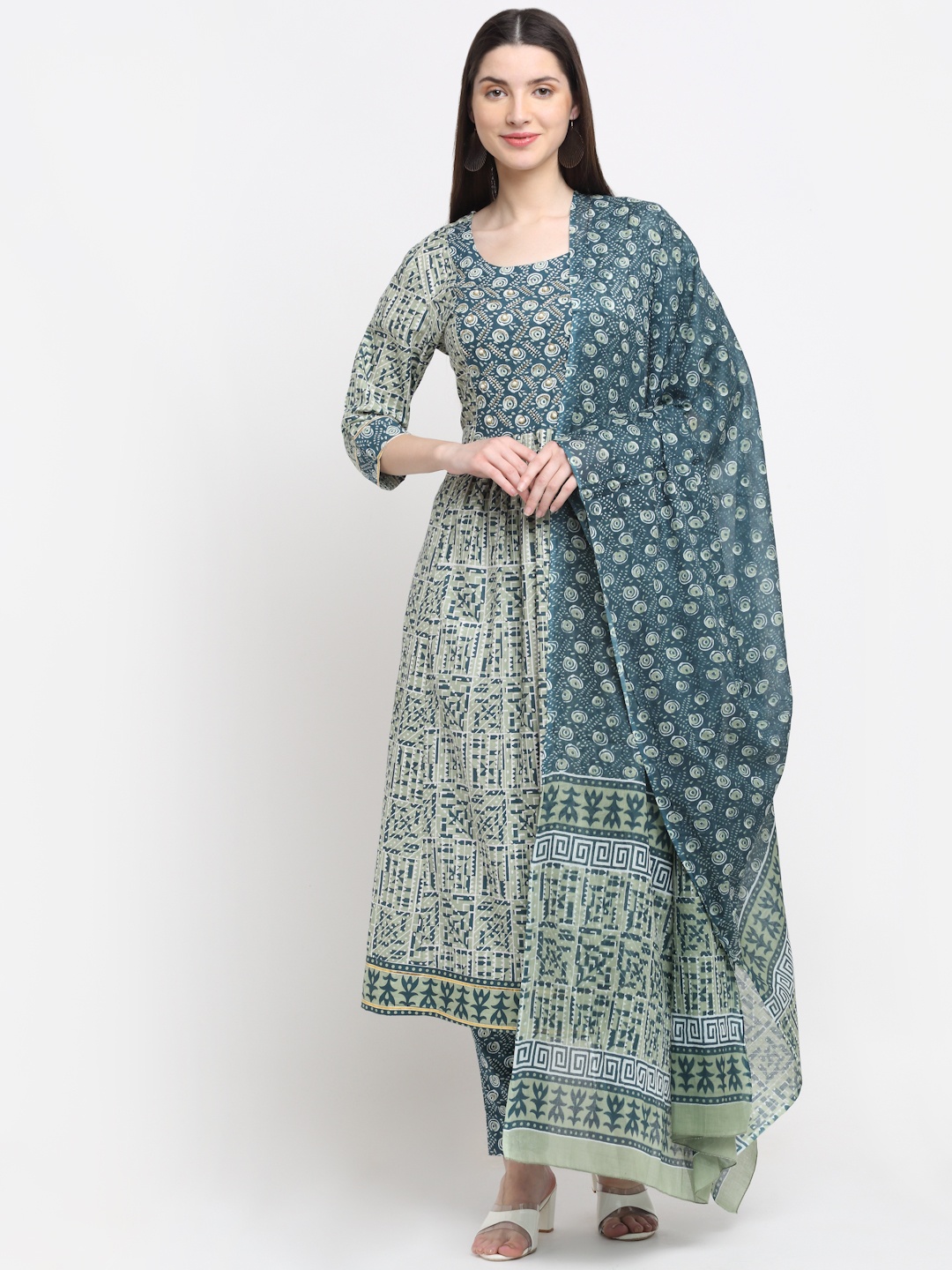 

KALINI Women Grey Ethnic Motifs Printed Pleated Pure Cotton Kurta with Trousers & With Dupatta