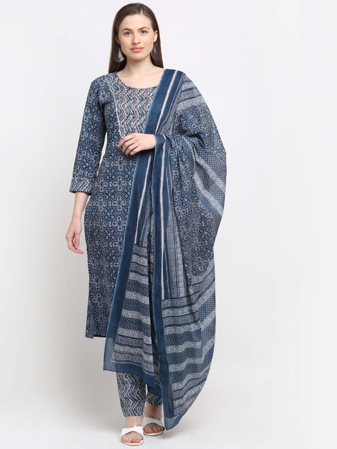 

KALINI Women Blue Ethnic Motifs Printed Pure Cotton Kurta with Trousers & With Dupatta