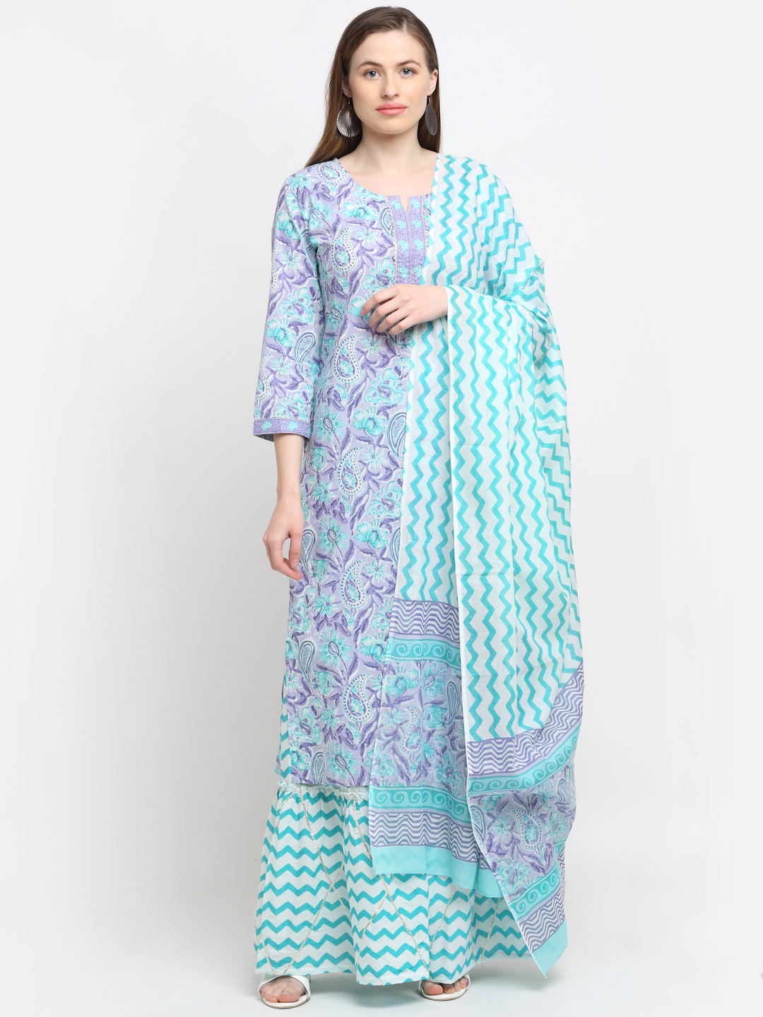 

KALINI Women Turquoise Blue Floral Printed Pure Cotton Kurta with Palazzos & With Dupatta