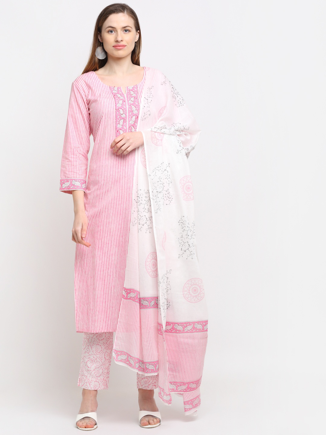 

KALINI Women Pink Striped Pure Cotton Kurta with Trousers & With Dupatta