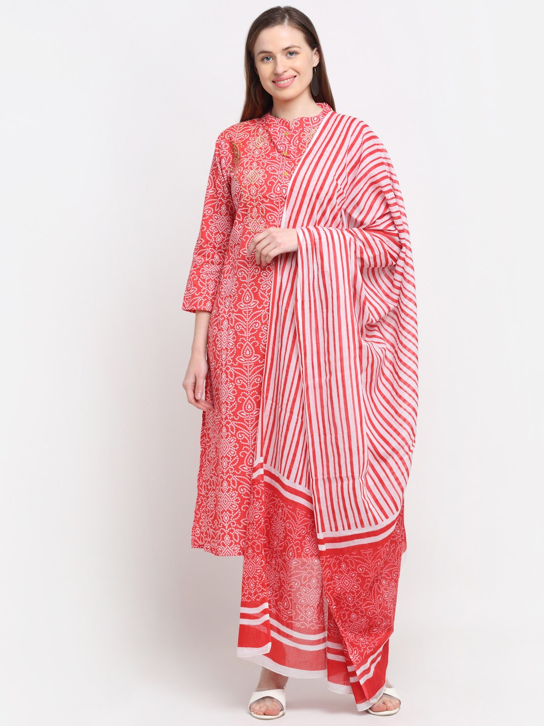 

KALINI Women Red Bandhani Printed Beads and Stones Pure Cotton Kurta with Trousers & With Dupatta