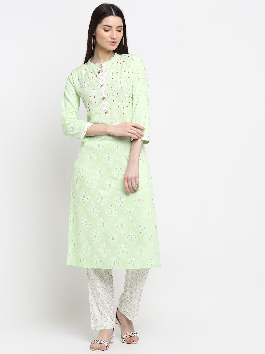 

KALINI Women Lime Green Ethnic Motifs Embroidered Regular Beads and Stones Kurta with Palazzos & With