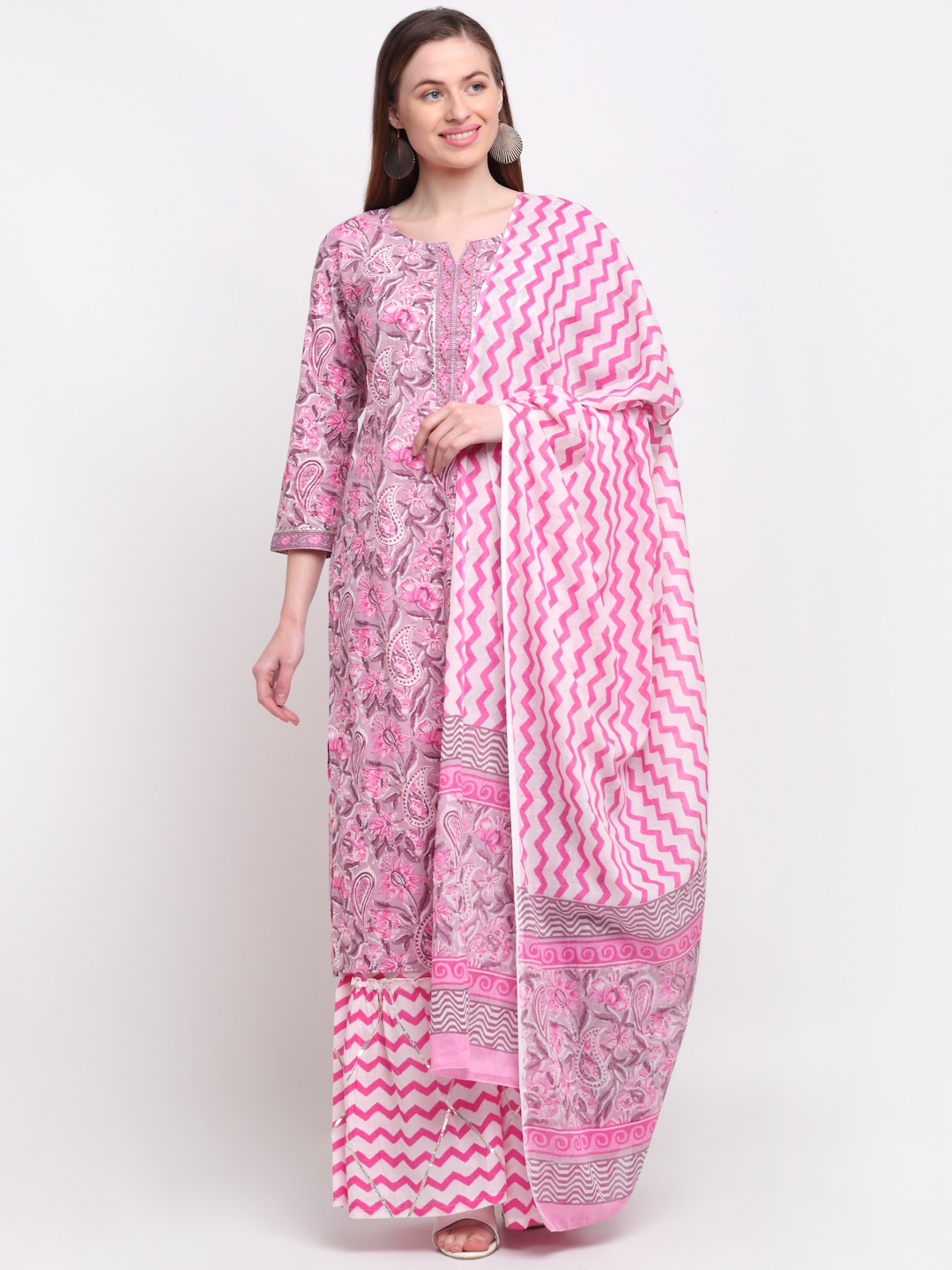 

KALINI Women Pink Paisley Printed Pure Cotton Kurta with Sharara & With Dupatta