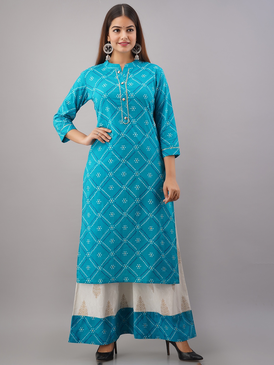 

KALINI Women Turquoise Blue Bandhani Printed Empire Gotta Patti Pure Cotton Kurta with Skirt