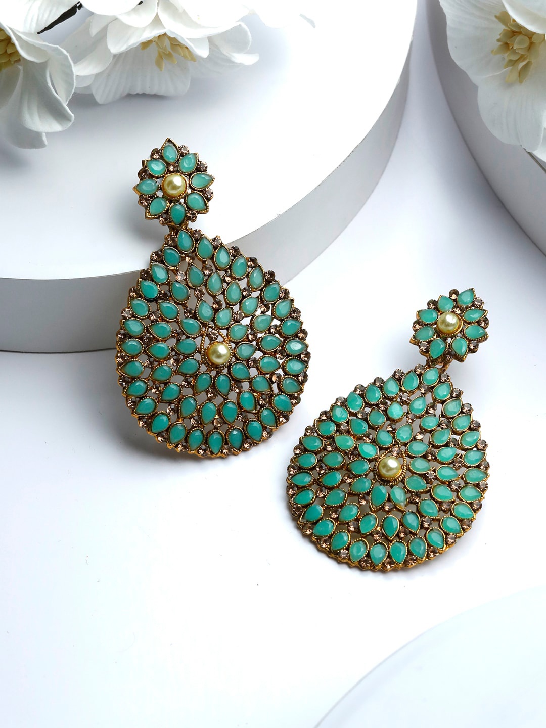 

Priyaasi Gold-Toned & Green Kundan Floral Drop Earrings