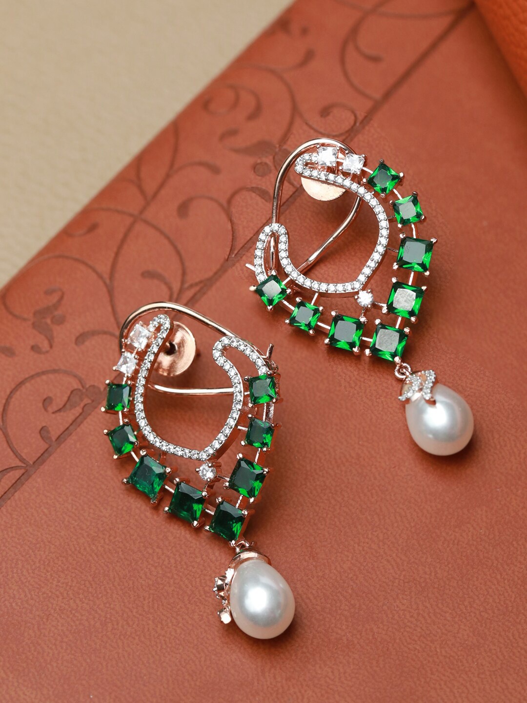 

Priyaasi Rose Gold-Plated Green Contemporary Drop Earrings
