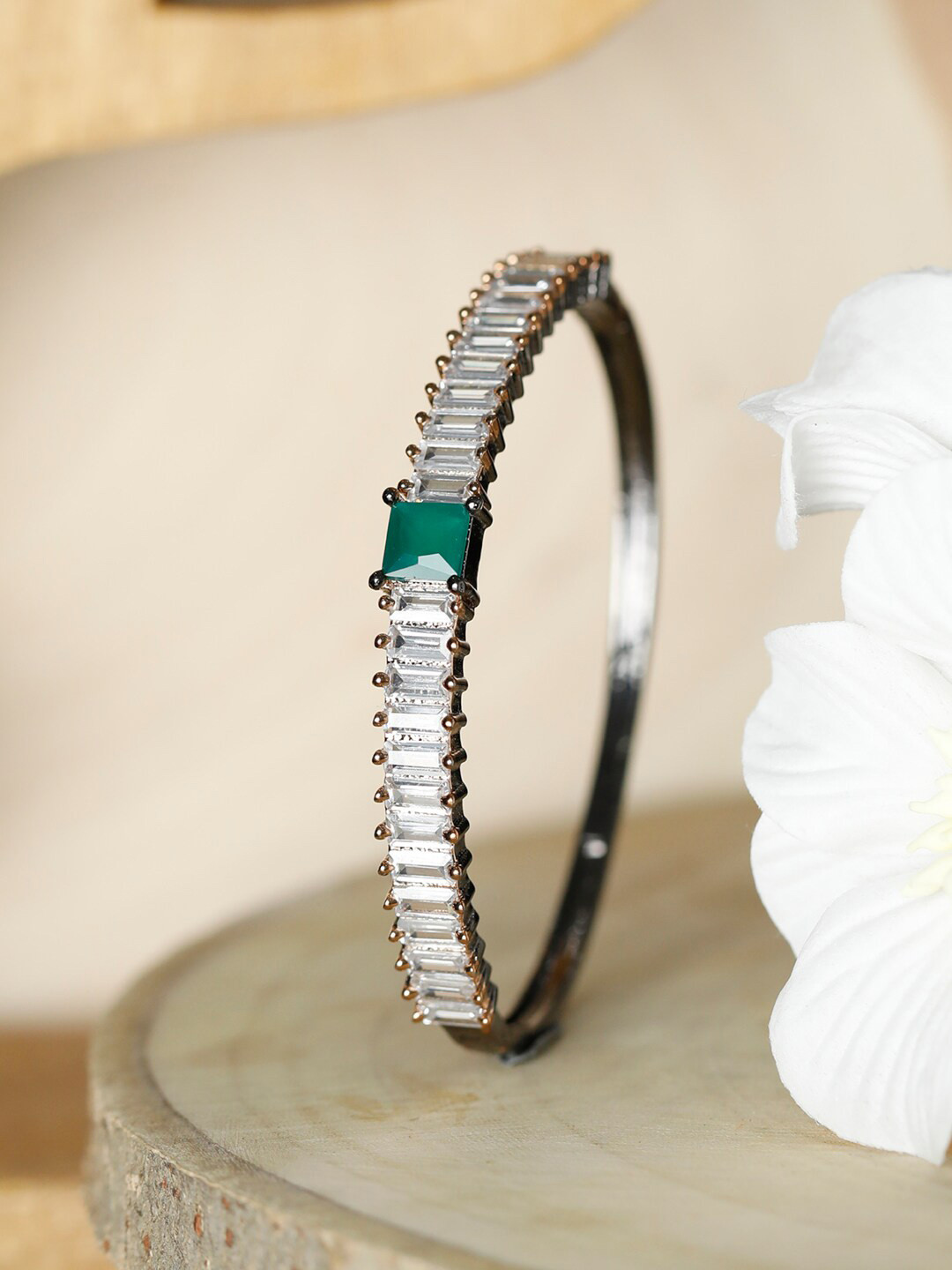 

Priyaasi Women Silver-Toned & Green Brass AD Studded Bangle-Style Bracelet