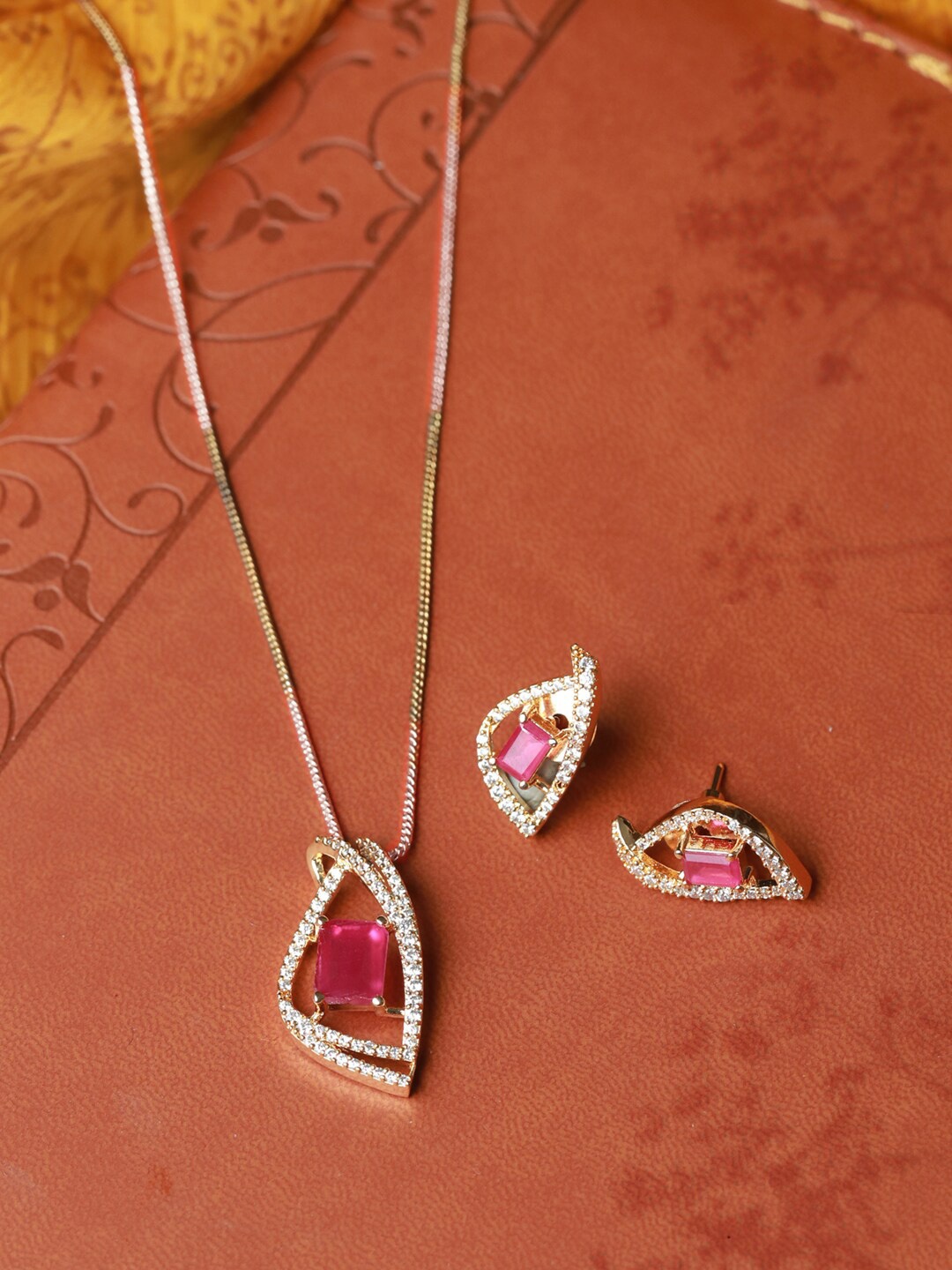 

Priyaasi Pink American Diamond Gold-Plated Pendant & Earring Set