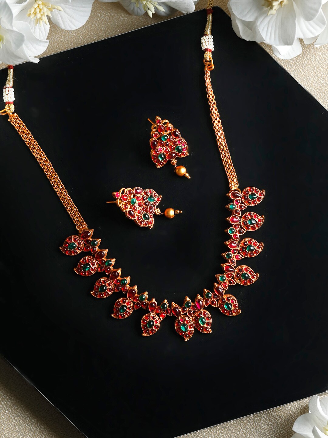 

Priyaasi Gold-Plated Red & Green Leaf Jewellery Set