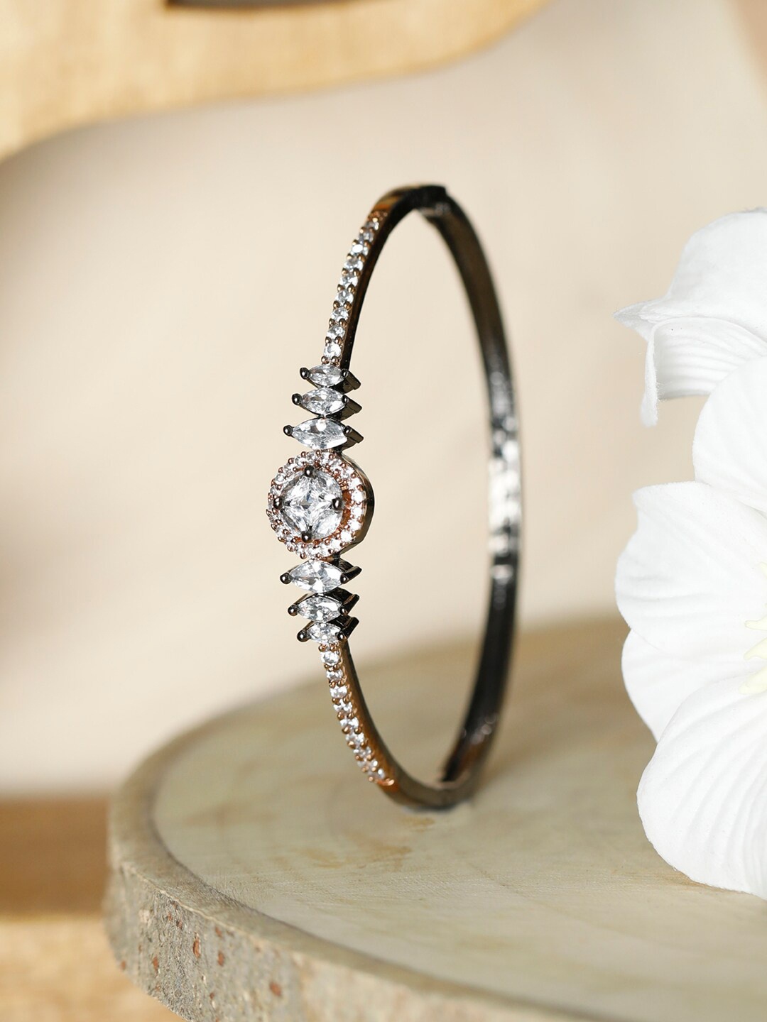 

Priyaasi Women Silver-Toned & White Brass American Diamond Bangle-Style Bracelet