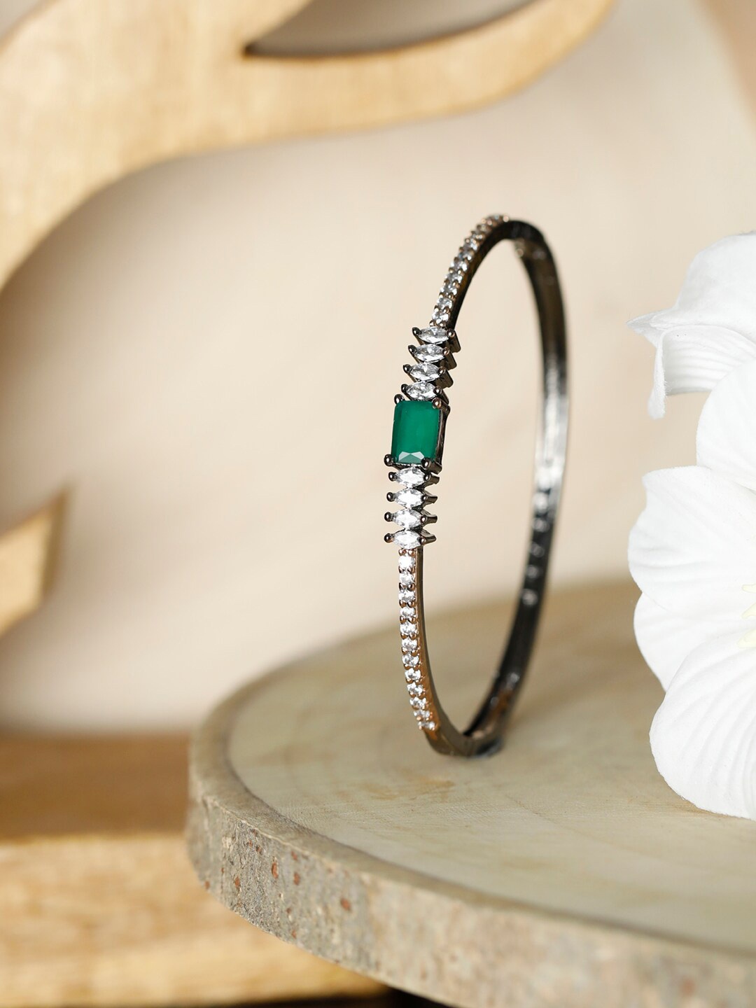 

Priyaasi Women Silver-Toned & Green Brass American Diamond Bangle-Style Bracelet