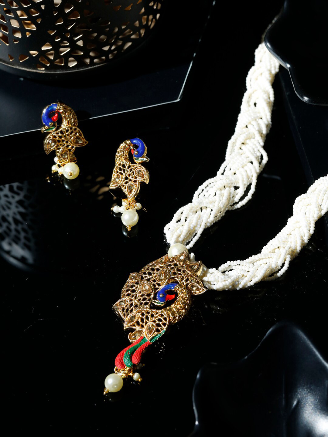 

Priyaasi Gold-Plated Blue & Red Peacock Jewellery Set
