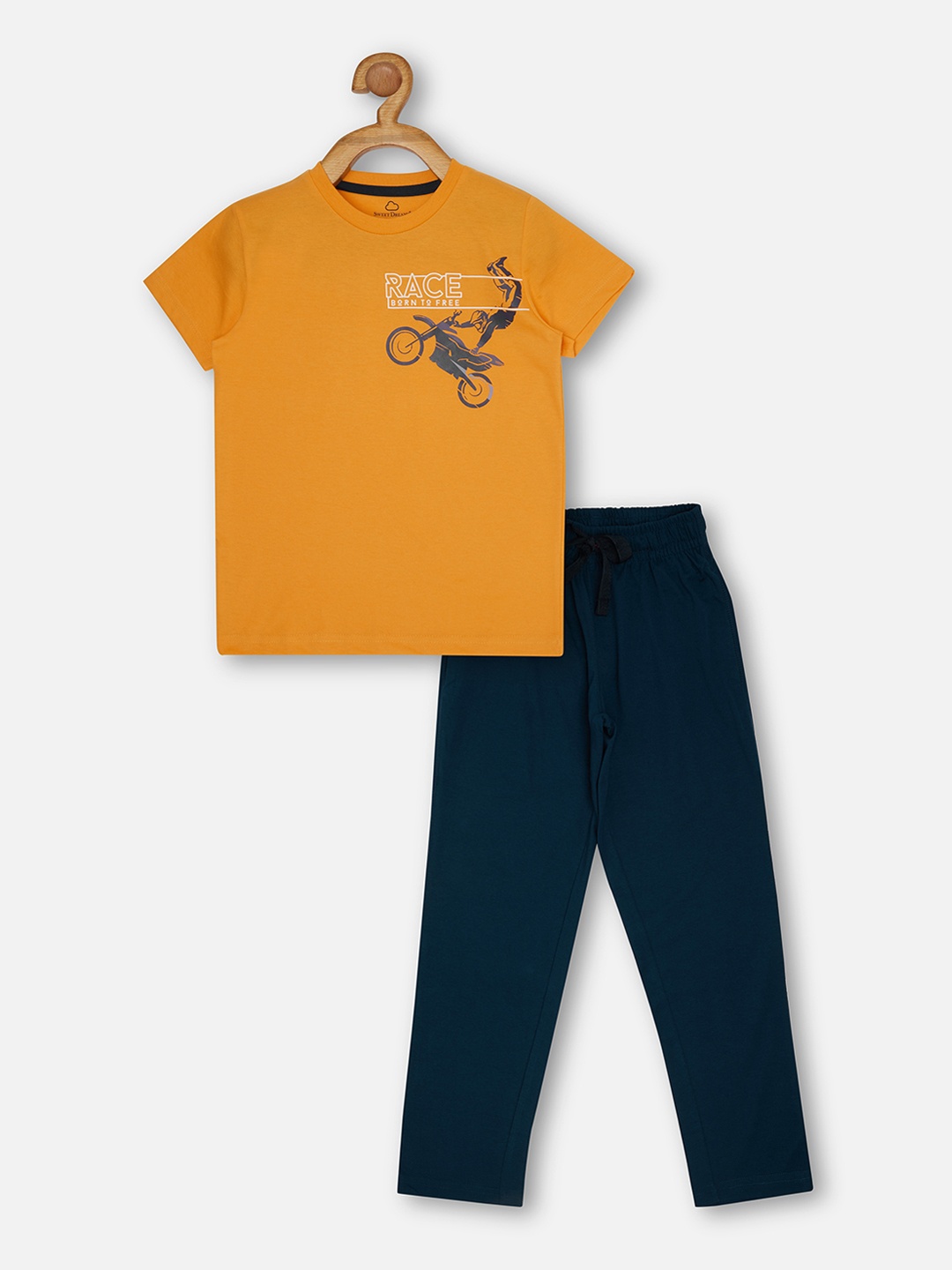 

Sweet Dreams Boys Mustard & Navy Blue Printed Night suit