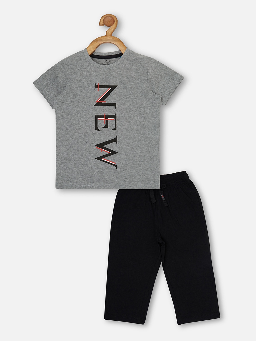 

Sweet Dreams Boys Grey Melange & Black Printed Night Suit