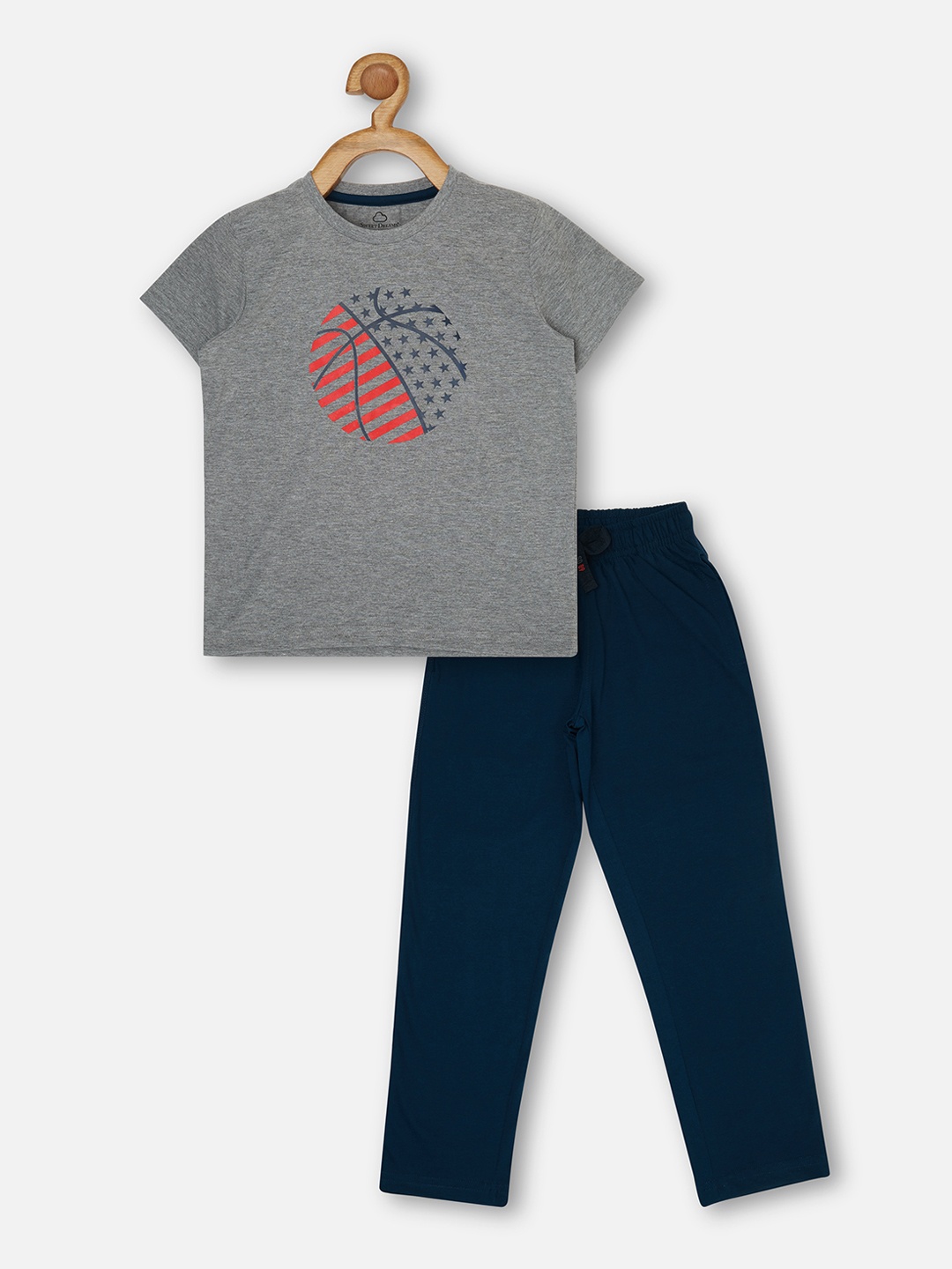 

Sweet Dreams Boys Grey Melange & Navy Blue Printed Night suit