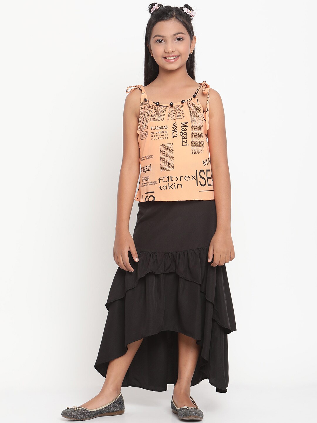 

Stuffie Land Girls Peach-Coloured & Black Printed Top with Skirt