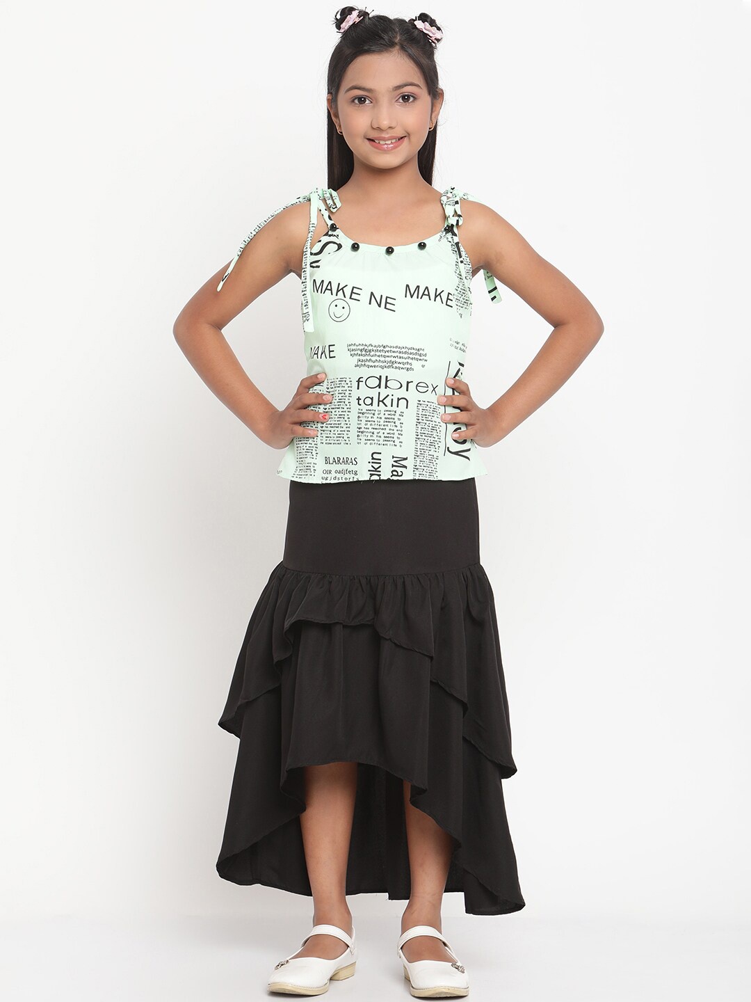 

Stuffie Land Girls Light Green & Black Printed Top With Skirt