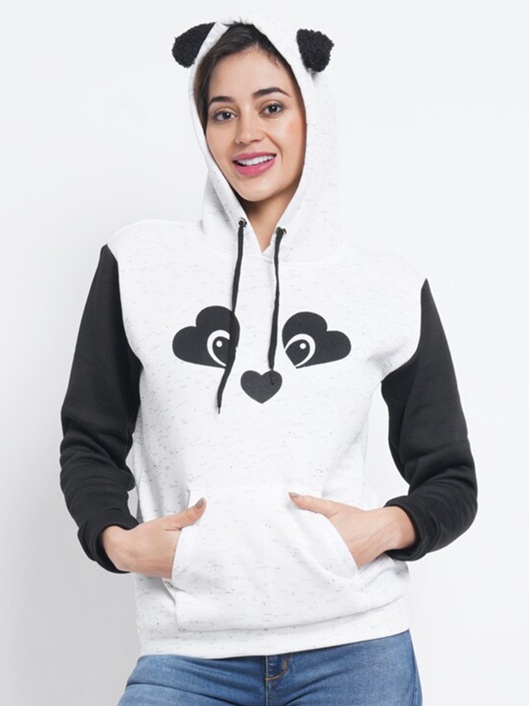 

Purple State Women White & Black Printed Hooded Sweatshirt