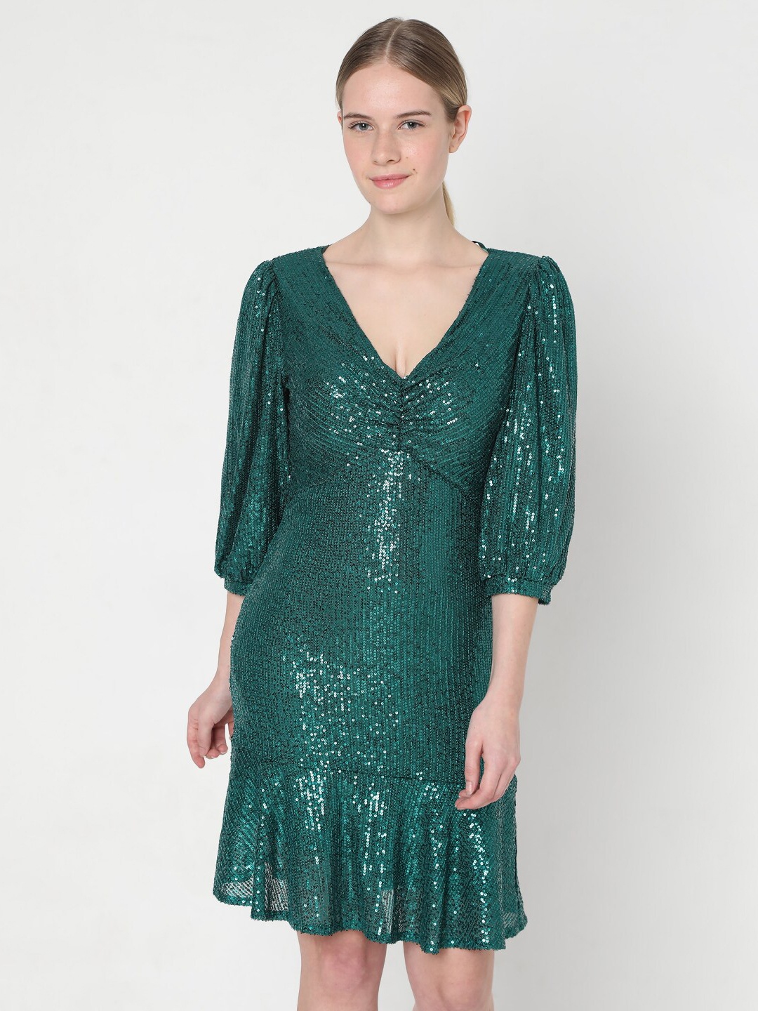 

Vero Moda Women Green Embellished Sheath Dress