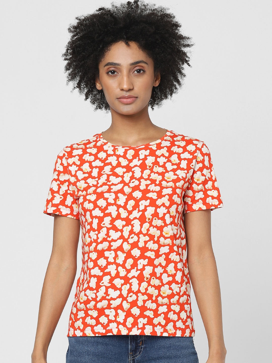 

ONLY Women Orange & White Floral Printed Cotton T-shirt