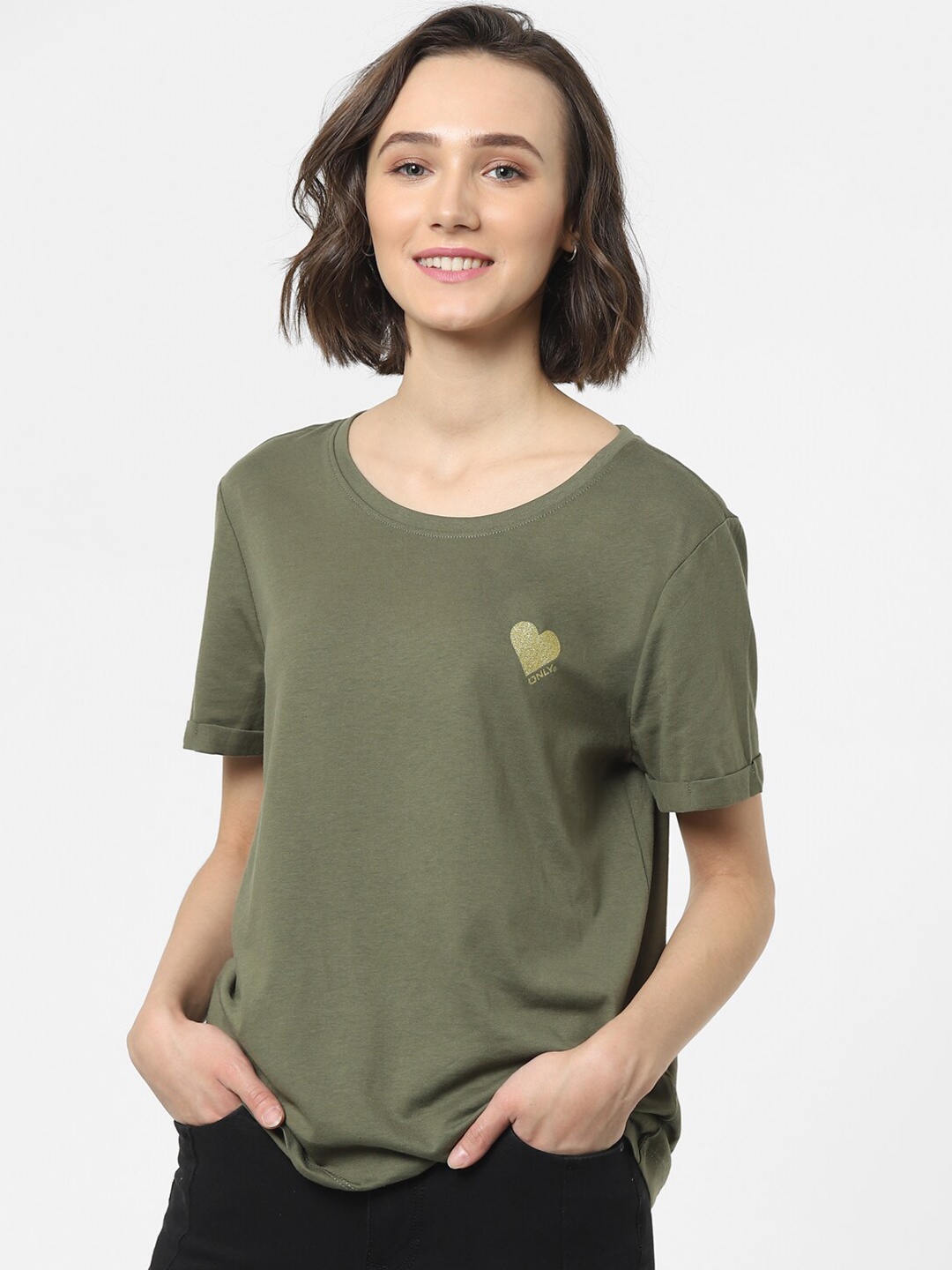 

ONLY Women Olive Green Solid T-shirt