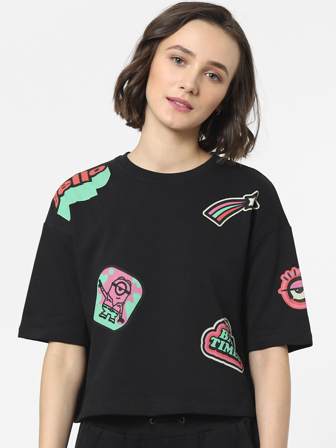 

ONLY Women Black & Green Printed T-shirt