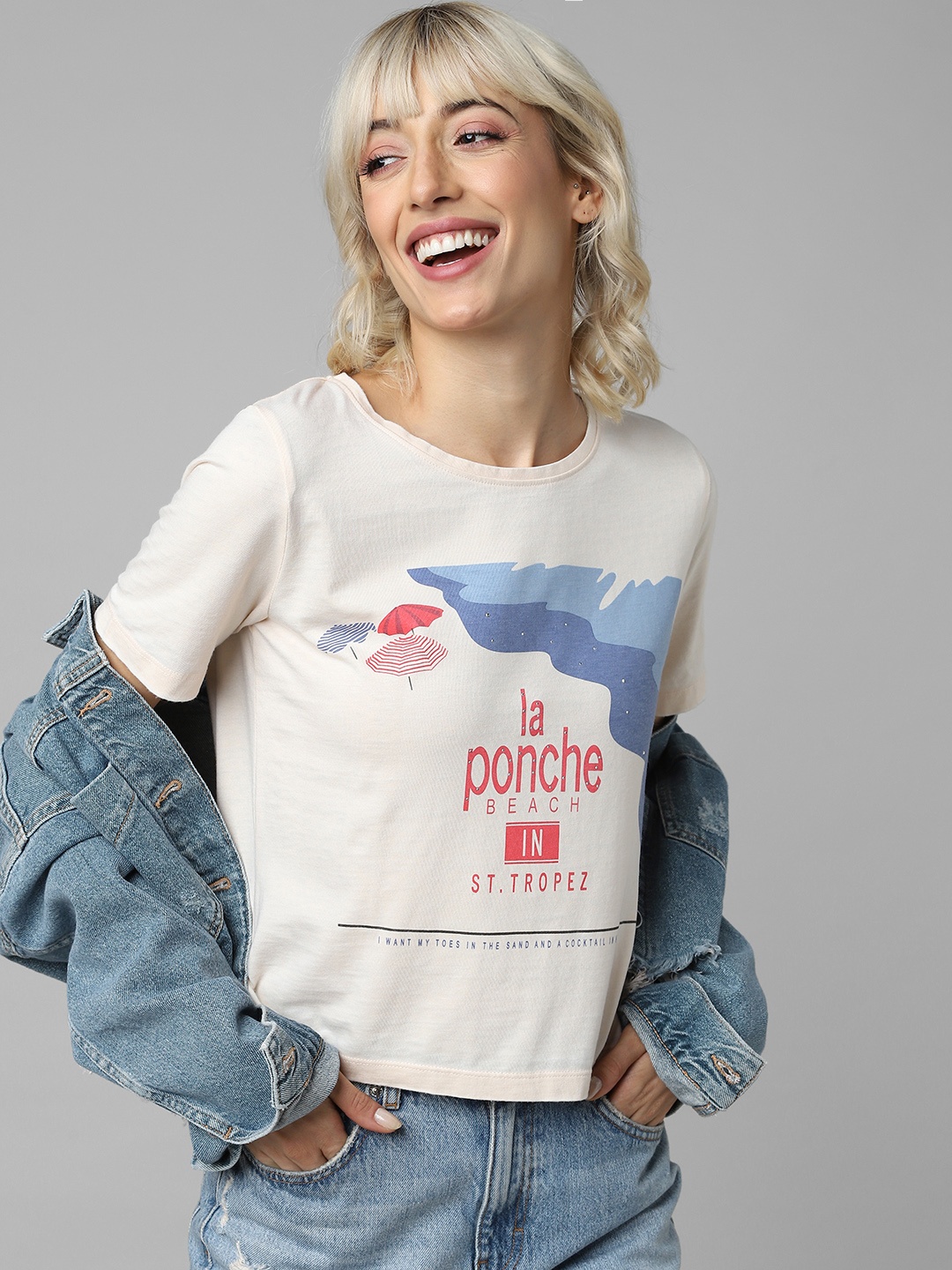 ONLY Women Off White & Blue Typography Printed T-shirt