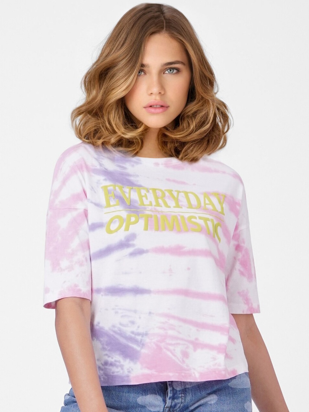 

ONLY Women Pink & White Typography Printed T-shirt
