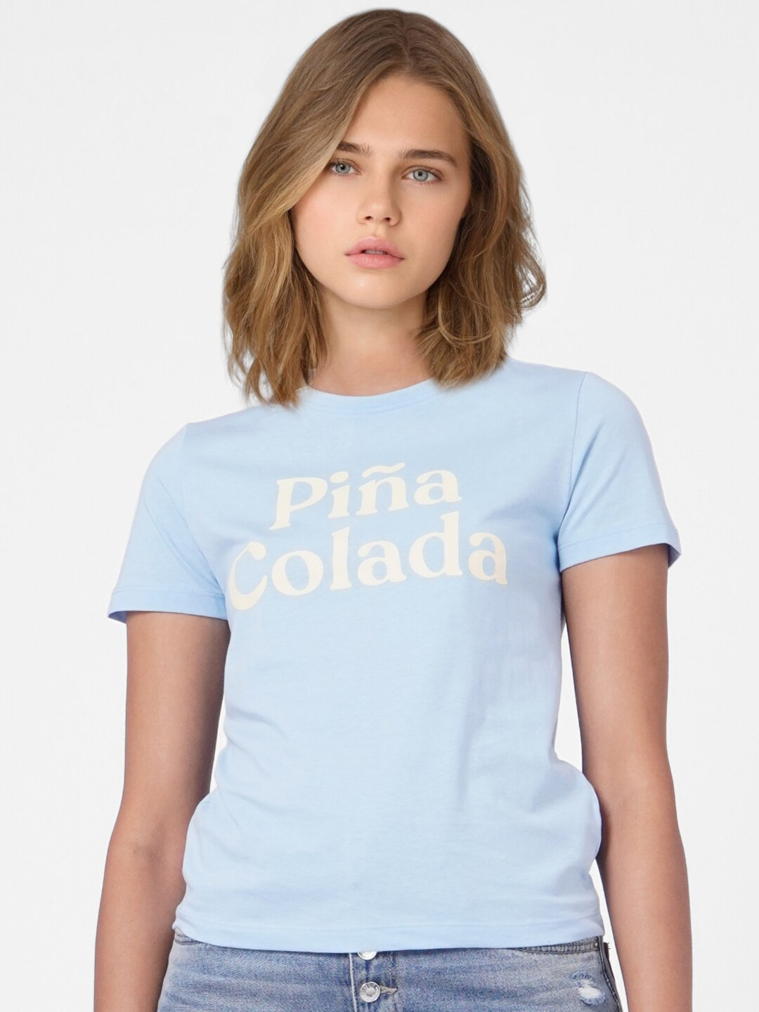 

ONLY Women Blue & White Typography Printed T-shirt