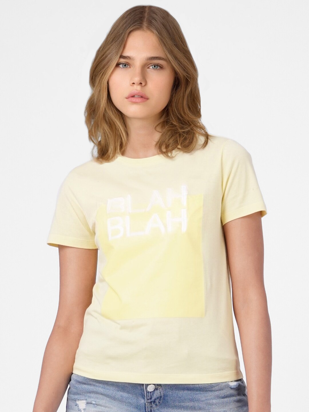 

ONLY Women Yellow Typography Printed T-shirt