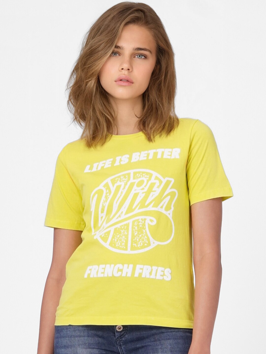 

ONLY Women Yellow & White Typography Printed T-shirt