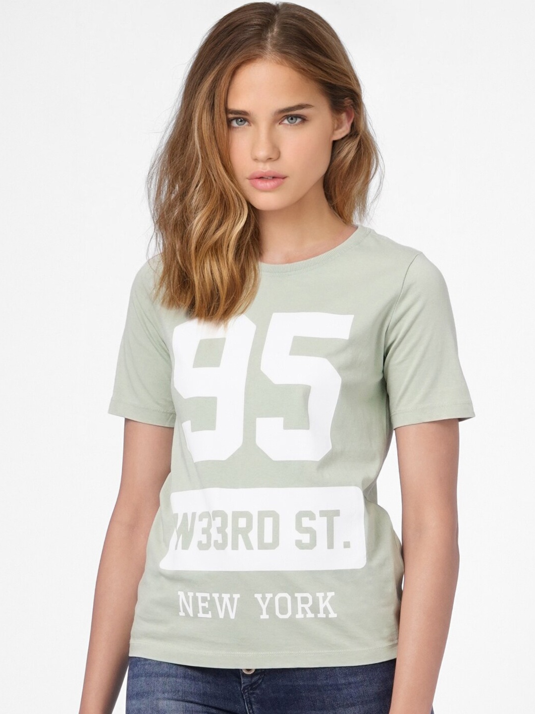 

ONLY Women Sage Green & White Varsity Printed Cotton T-shirt