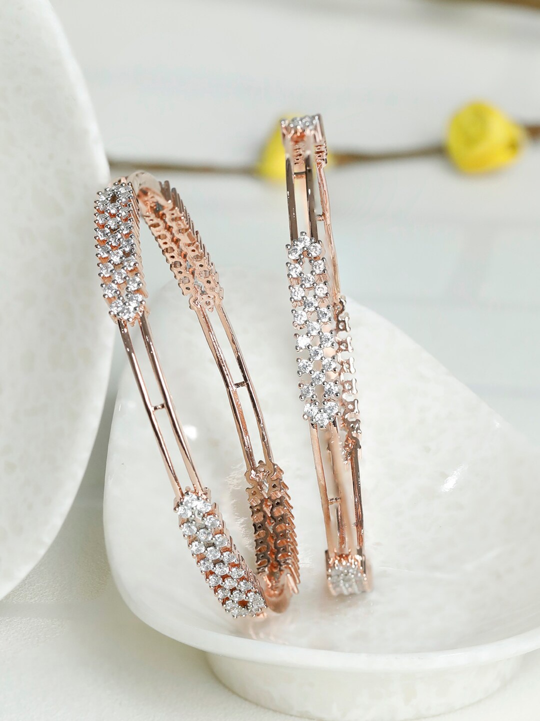 

Priyaasi Set Of 2 Rose Gold-Plated & White AD-Studded Elegant Floral Bangles