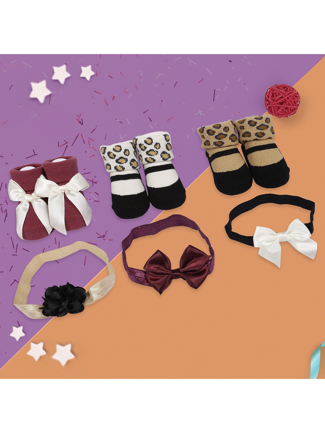 

Baby Moo Girls Multicolour Pack of 3 Leopard Headbands & 3 Leopard Print Socks Gift Set, Multi