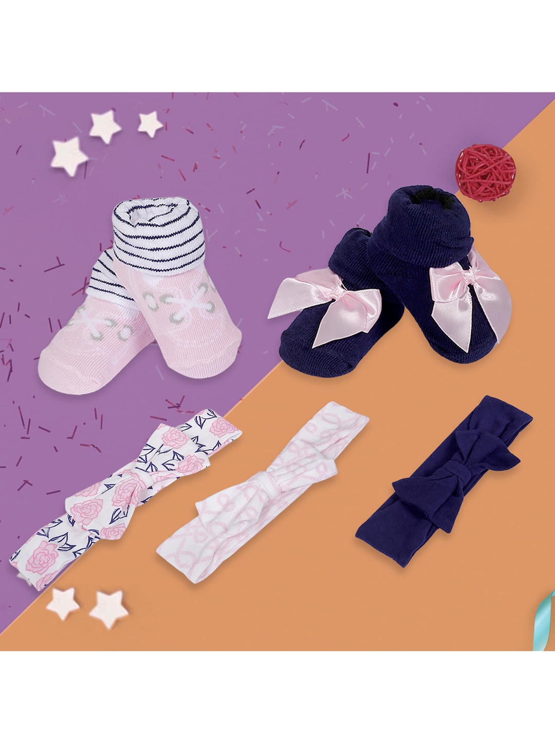 

Baby Moo Kids Pink & Blue Combo Set of 3 Headbands And 2 Pair Socks Gift Set