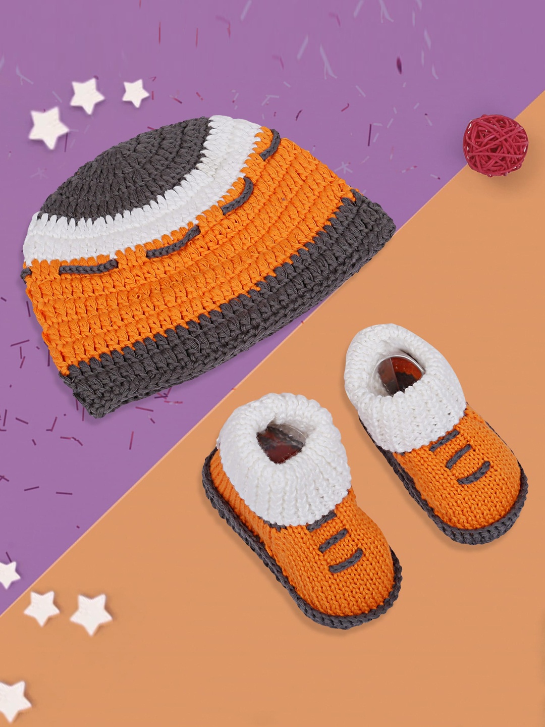Baby Moo Kids Orange & Brown Knitted Pure Cotton Cap & Booties Gift Set