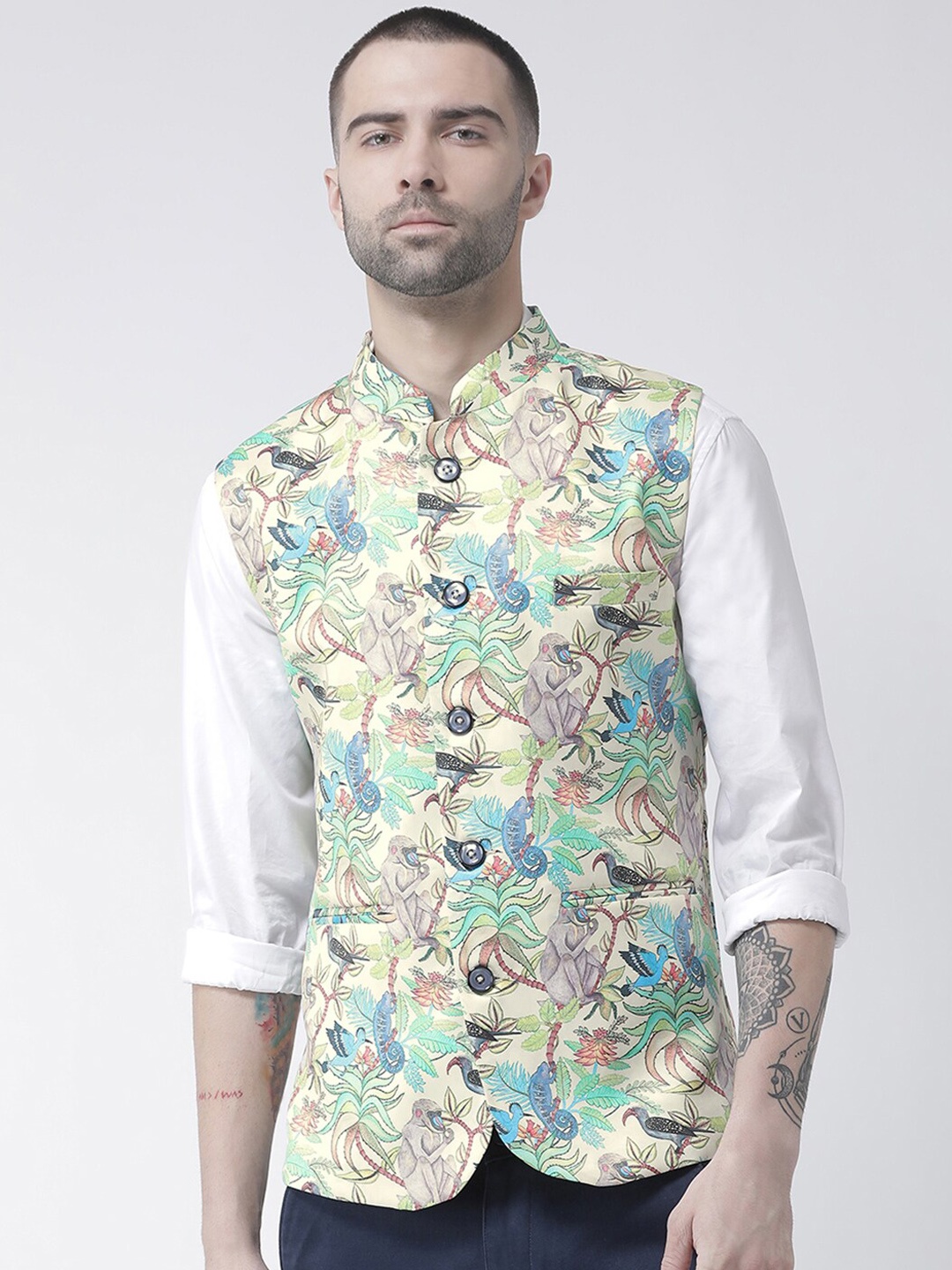 

Hangup Men Cream-Coloured & Blue Printed Woven Nehru Jacket