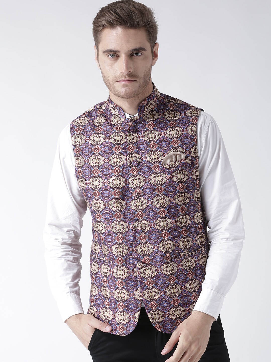 

HANGUPMen Blue & Beige Printed Nehru Jacket