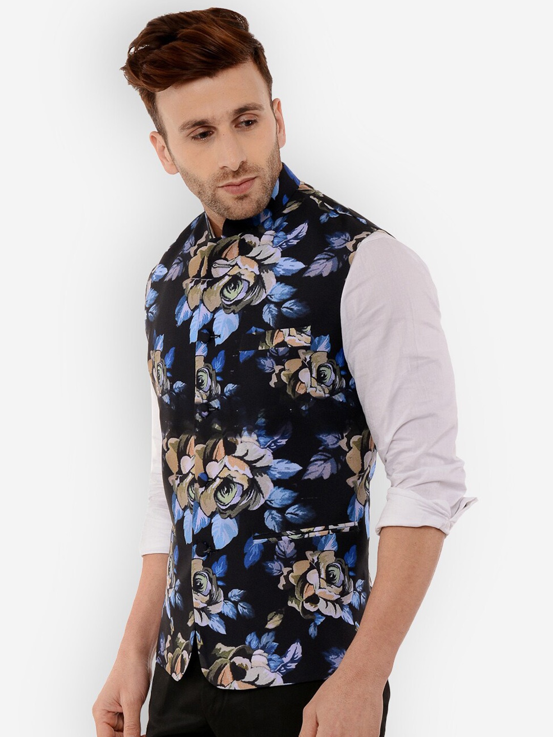 

Hangup Navy Blue Printed Floral Nehru Jacket