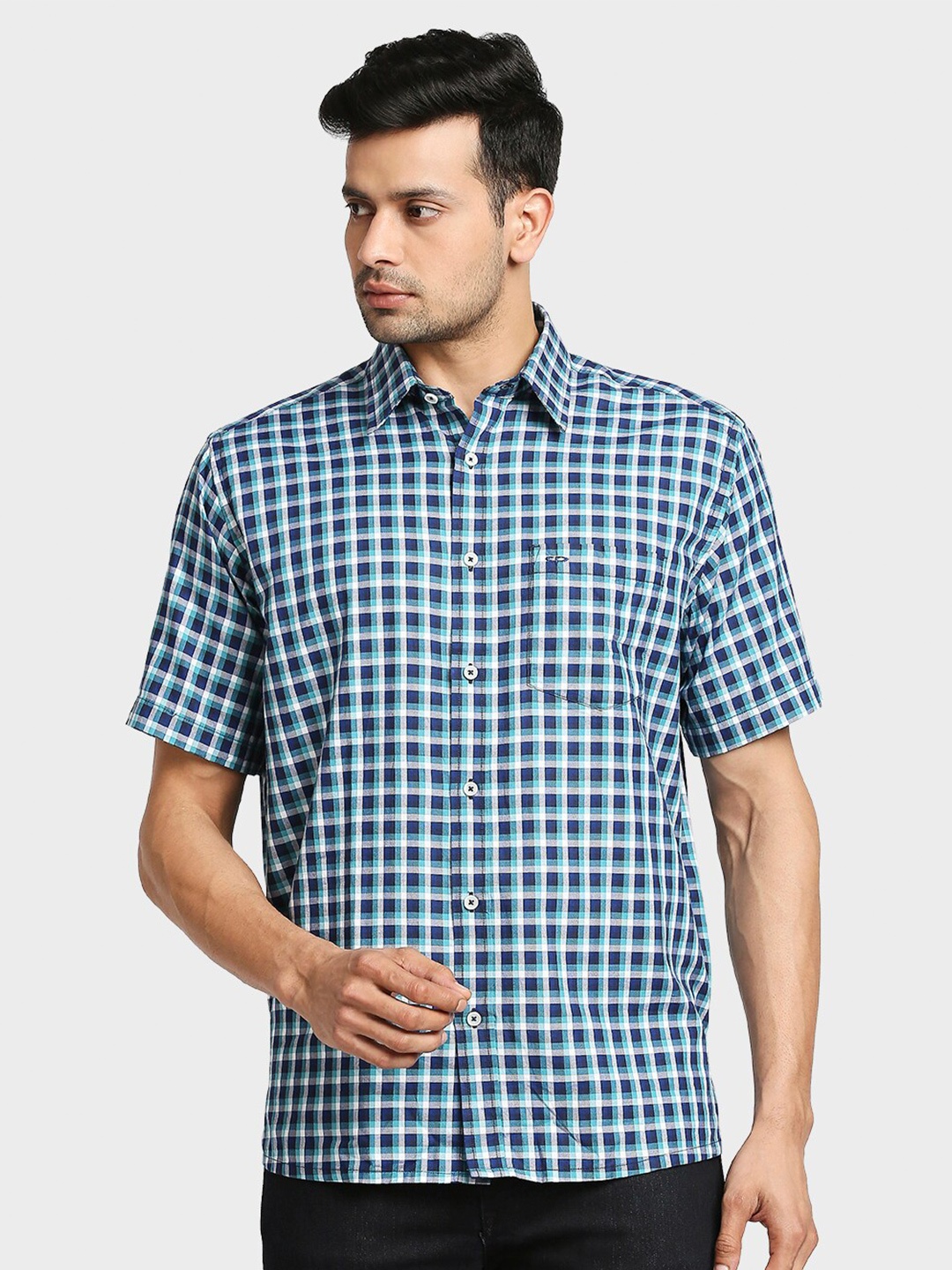 

ColorPlus Men Blue Gingham Checks Checked Casual Cotton Shirt