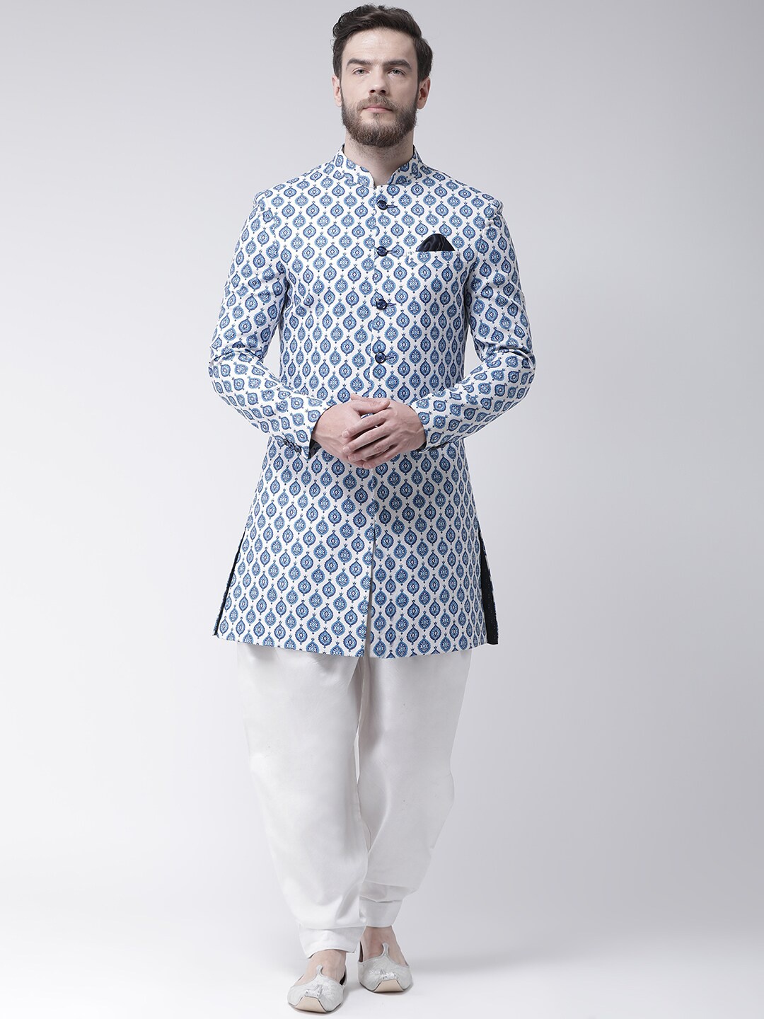 

Hangup Men Blue & White Printed Sherwani With Dhoti Pants