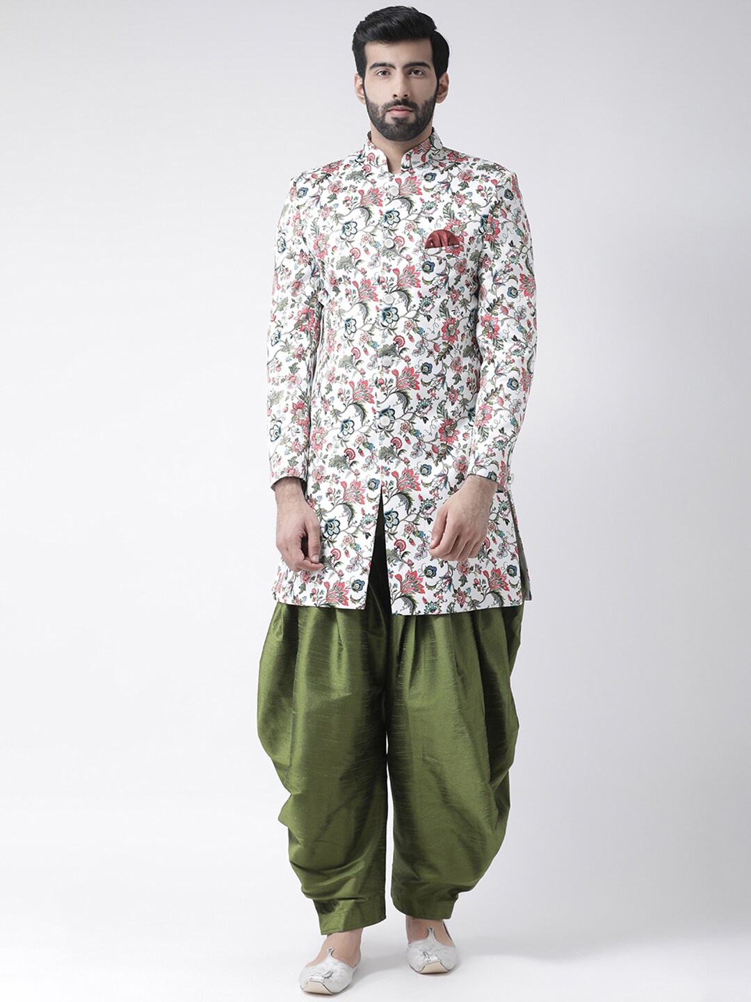 

Hangup Men White & Green Printed Sherwani With Dhoti Pants