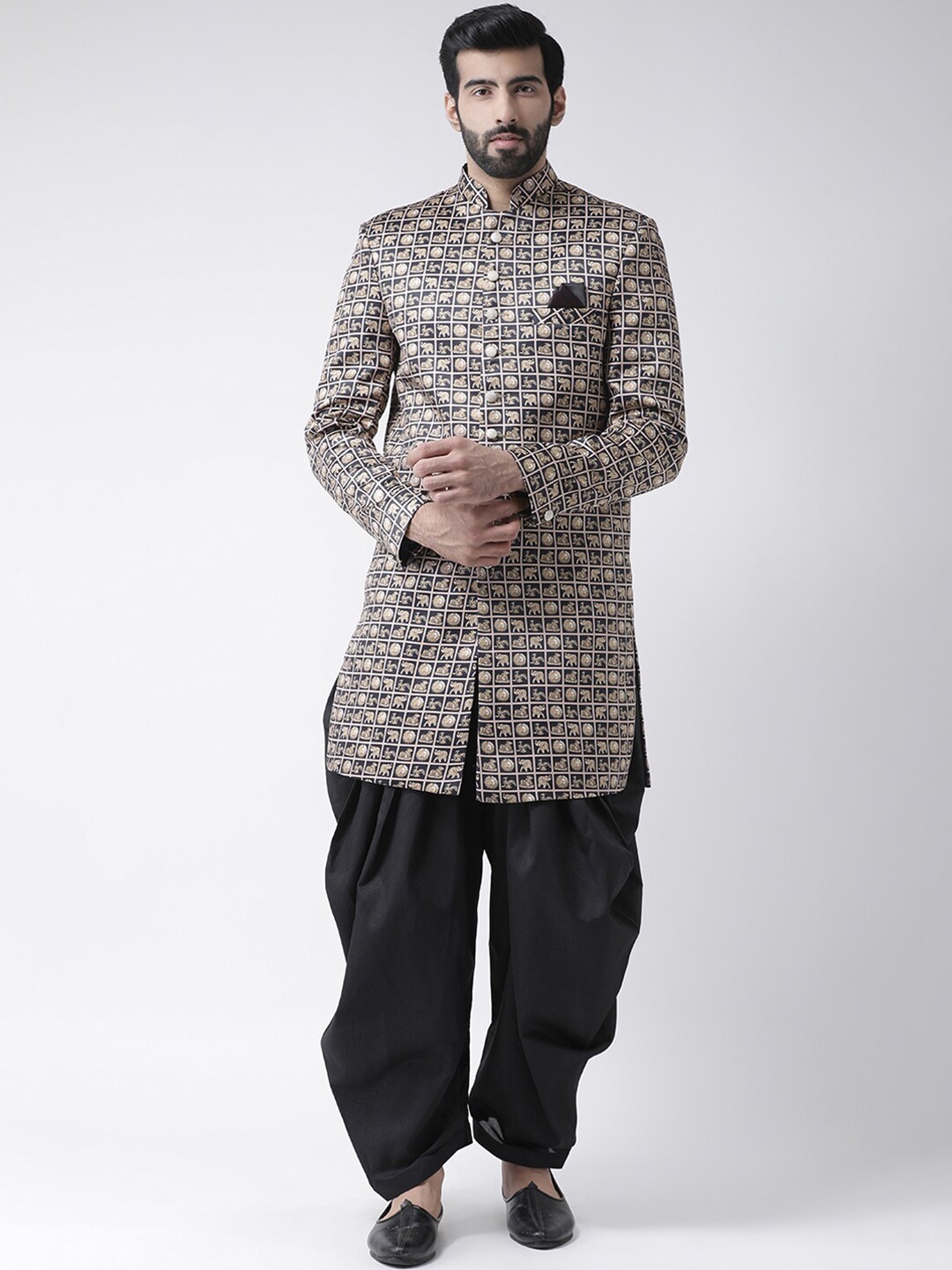 

Hangup Men Black & Gold Colored Printed Sherwani Set